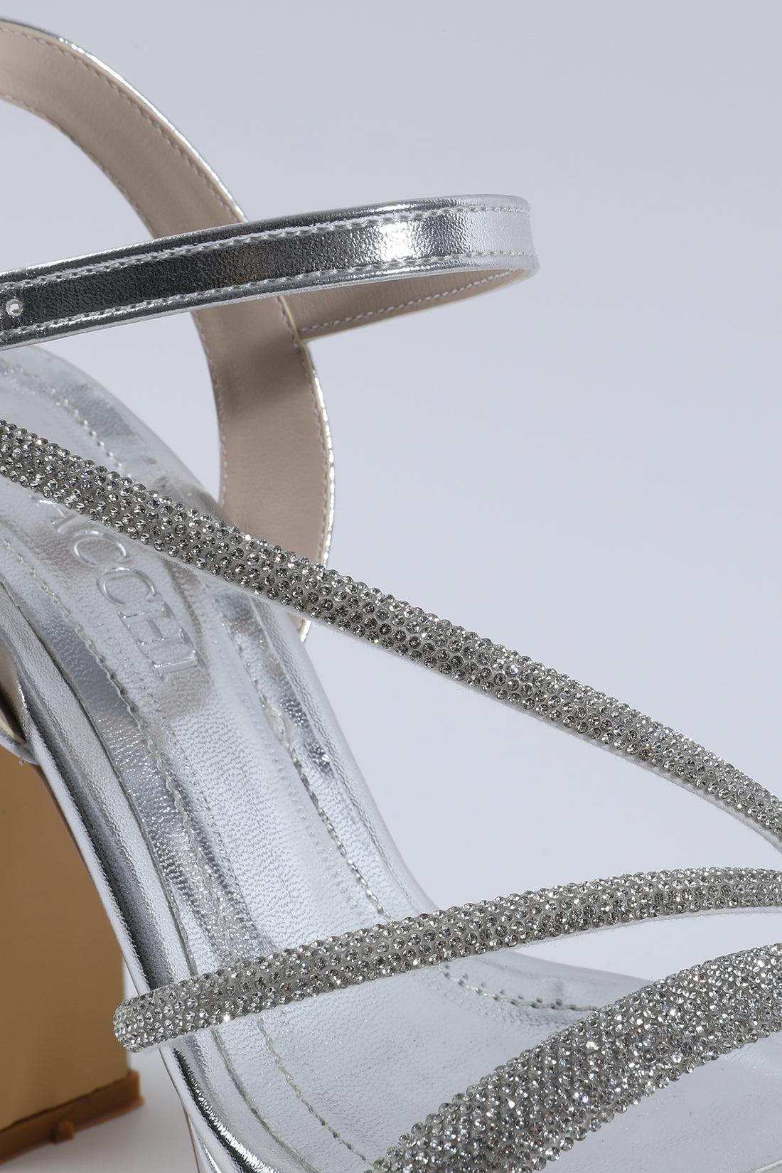 Verona Stone-Embellished Cross-Strap Silver Platform Heels