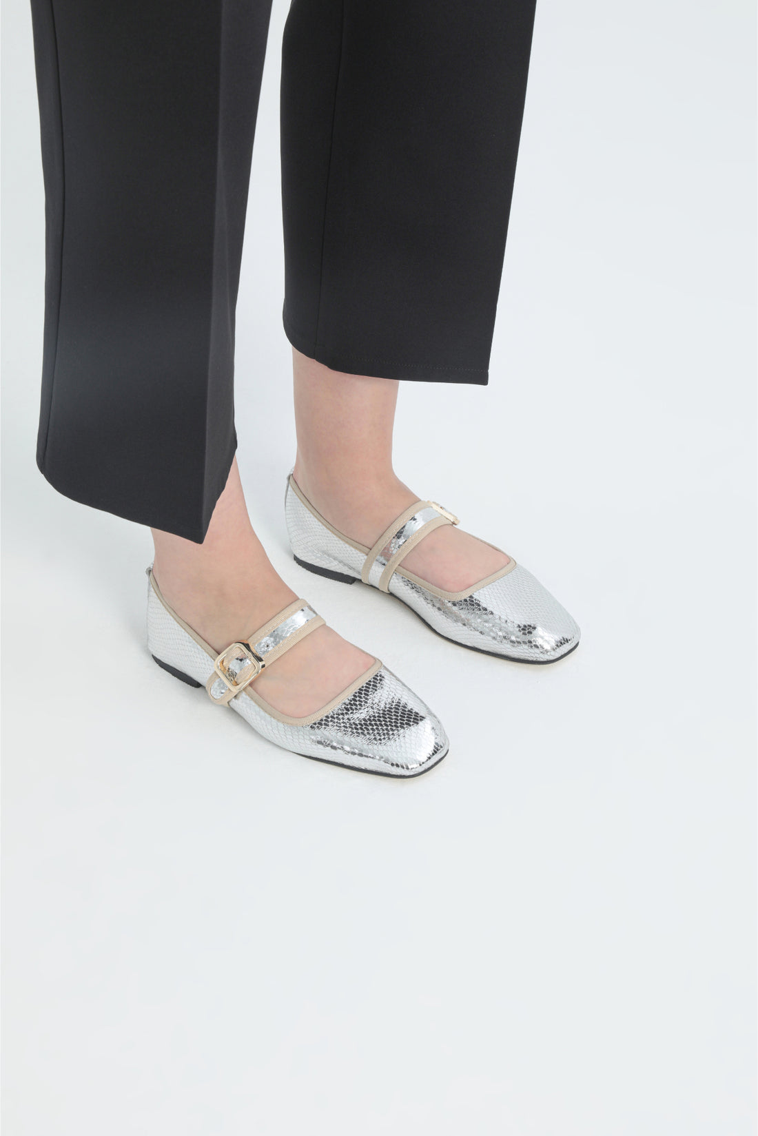 Elora Buckle Detail Croc Patterned Silver Flat Ballet Flats
