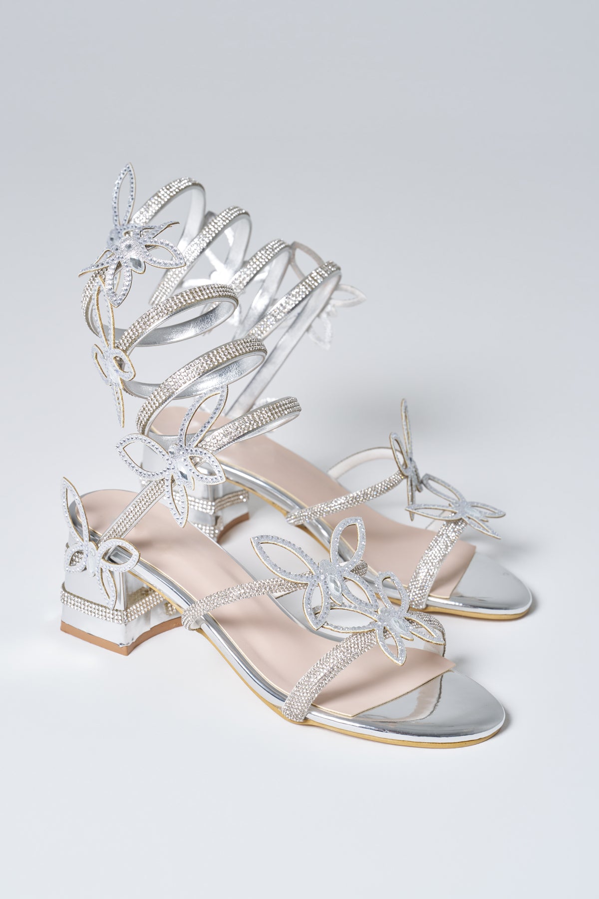 Selene Butterfly Detail Spiral Stone Short Silver Heel Shoes Tacchi