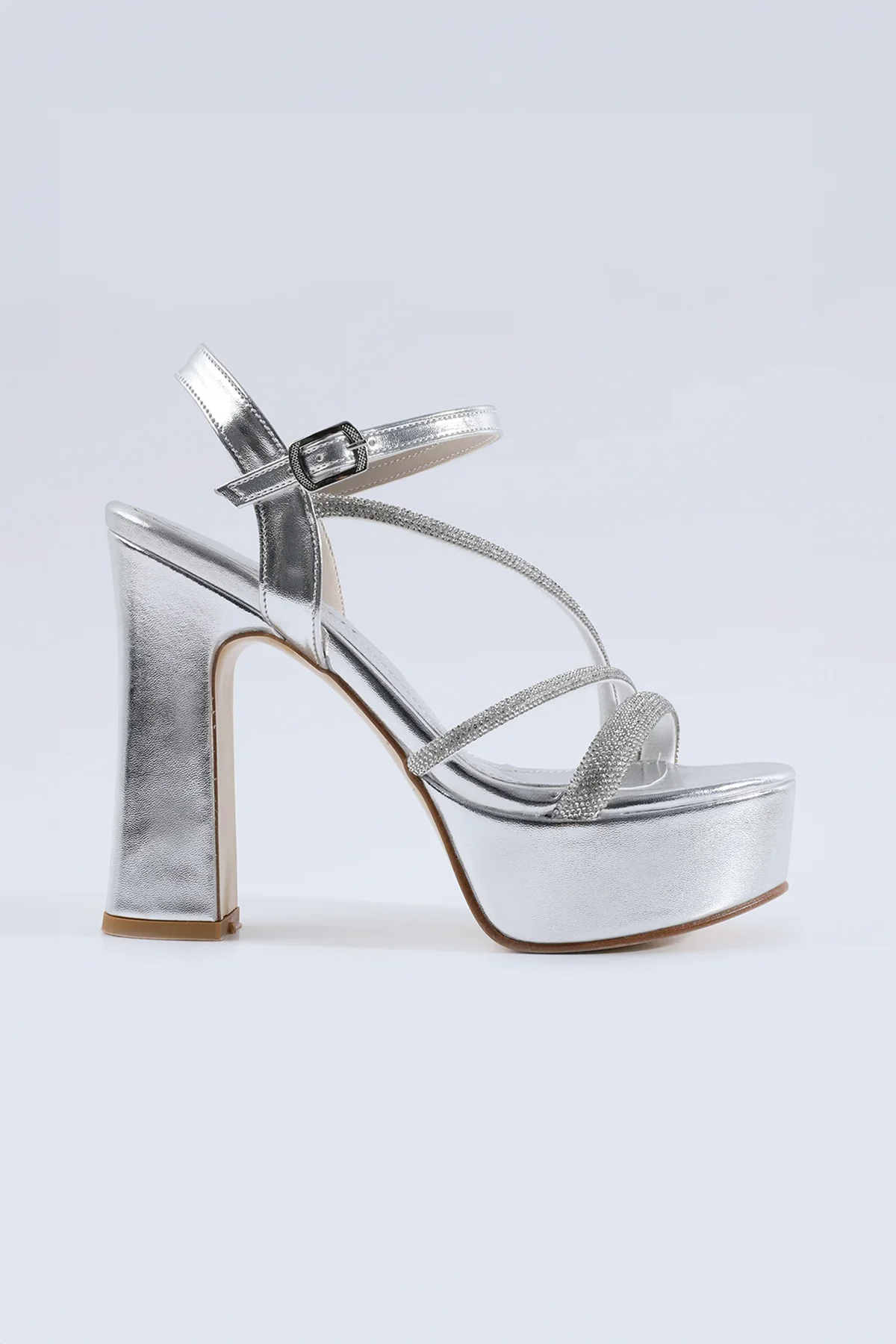 Verona Stone Embellished Cross Strap Silver Platform Heels - Tacchi