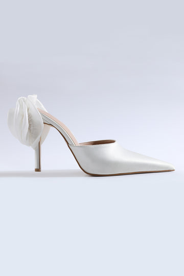 Lilia Satin Rose Detail Heeled White Shoes