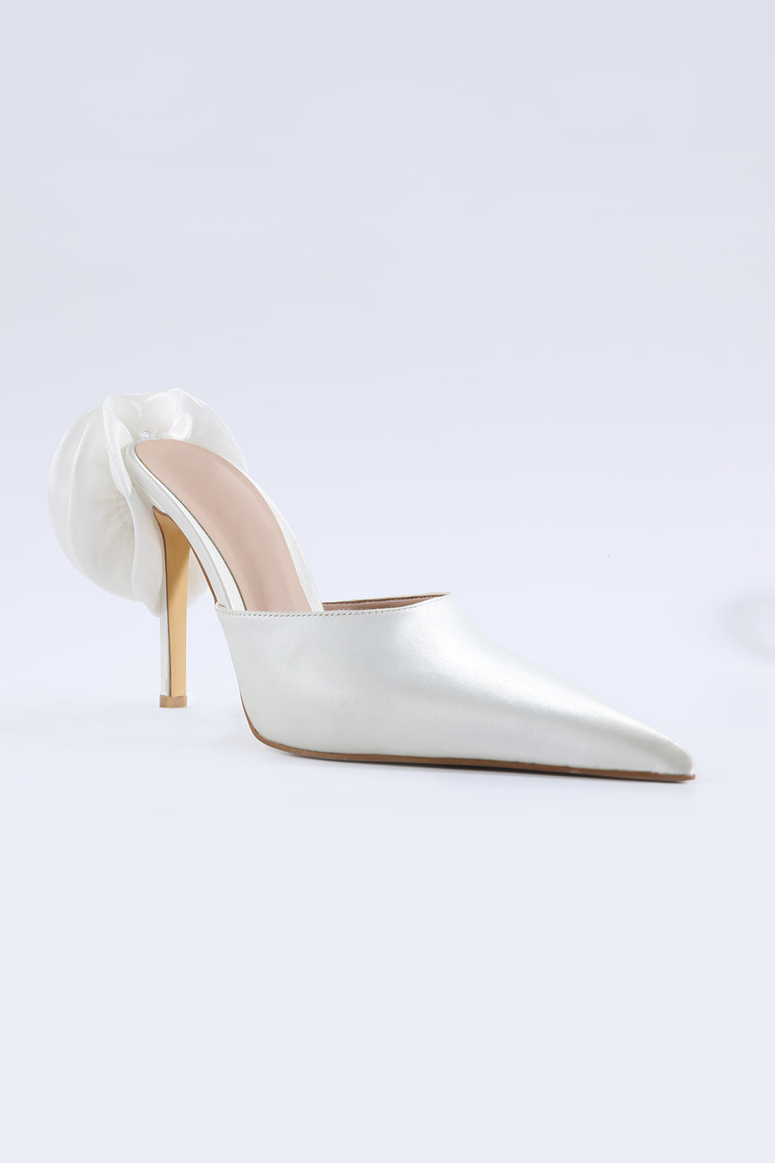 Lilia Satin Rose Detail Heeled White Shoes