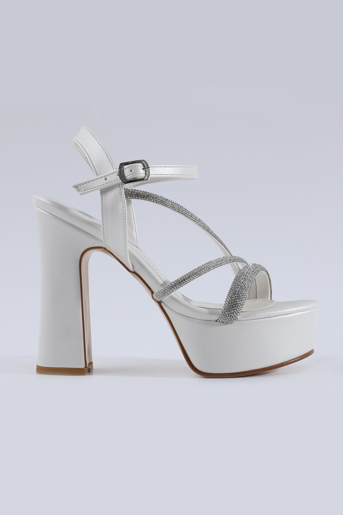 Verona Stone Embellished Crisscross Strap White Platform Heels