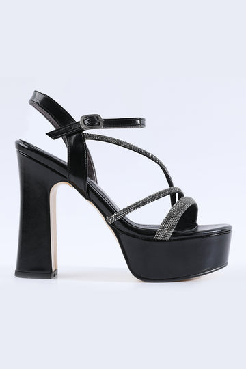 Verona Stone Embellished Cross Strap Black Platform Shoes