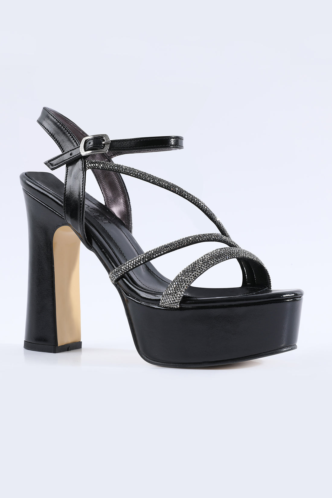 Verona Stone Embellished Cross Strap Black Platform Shoes