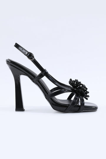 Seren Beaded Flower Detail Black Heeled Shoes