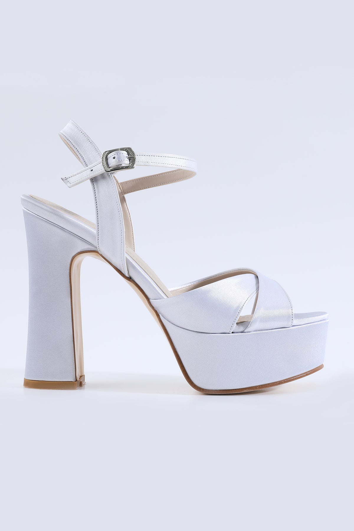 Bella Satin Strap Platform Silver Heeled Shoes