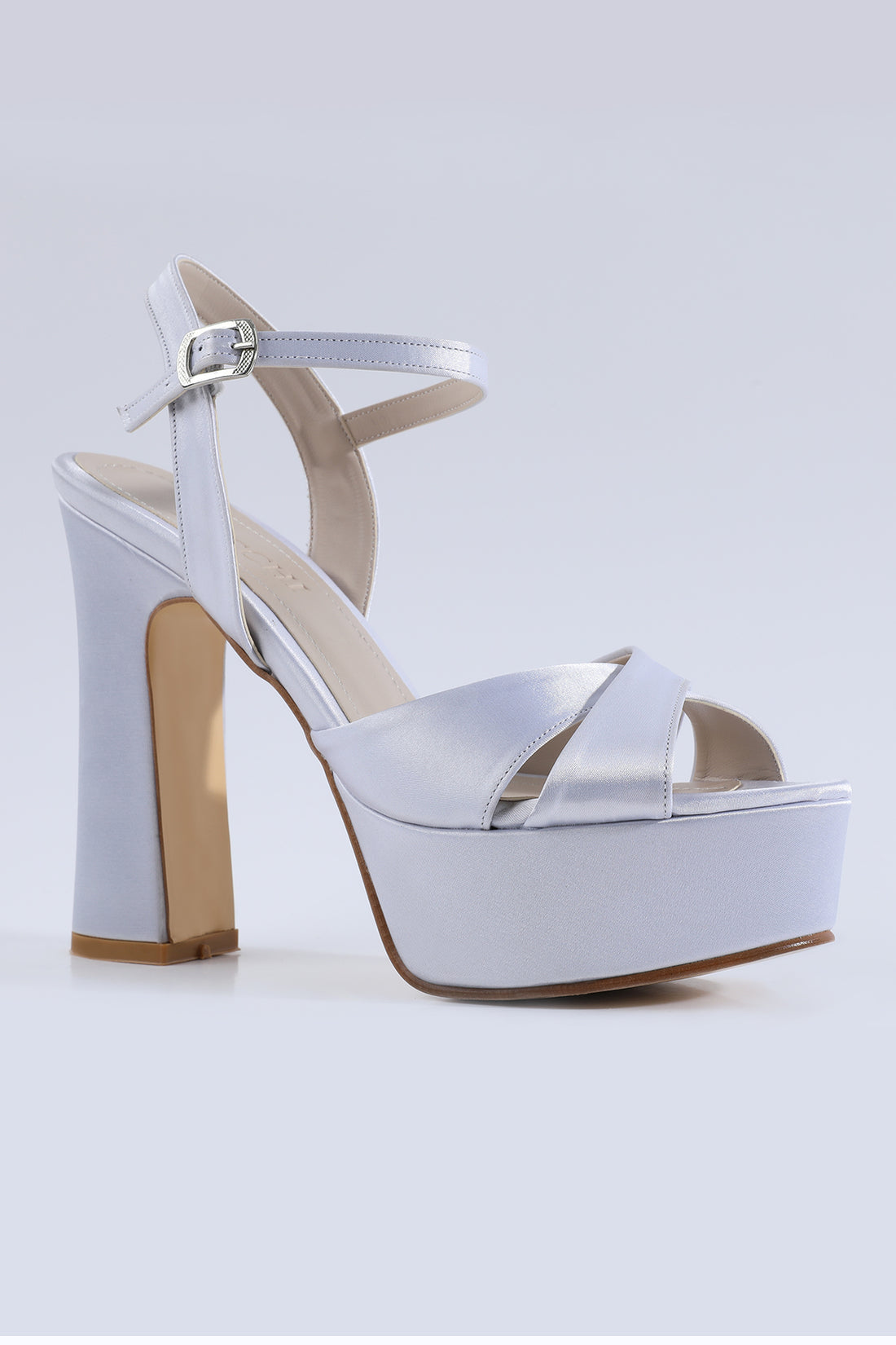 Bella Satin Strap Platform Silver Heeled Shoes