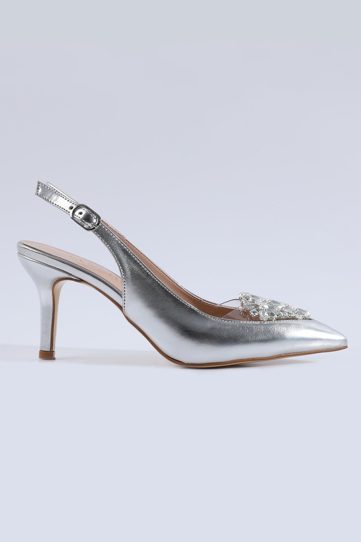 Crystal Front Stone Embellished Silver Heels