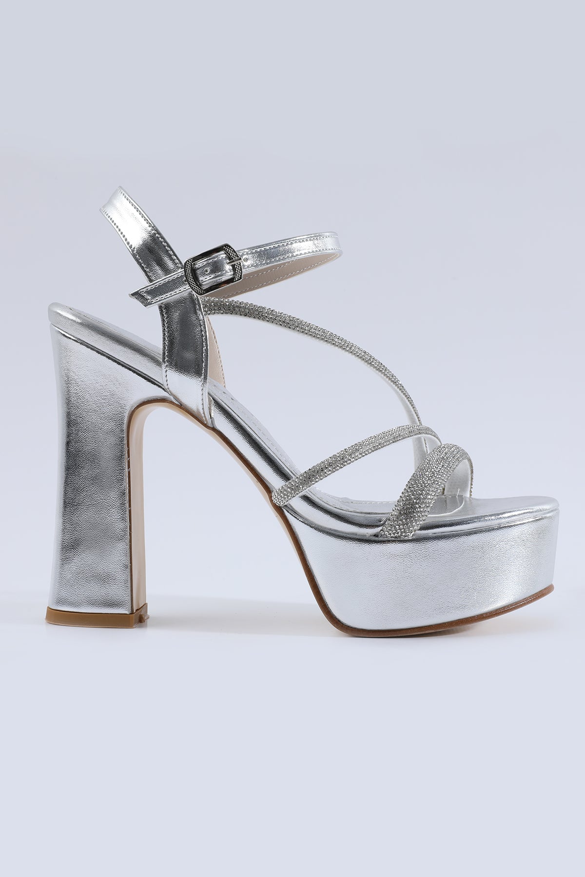 Verona Stone-Embellished Cross-Strap Silver Platform Heels