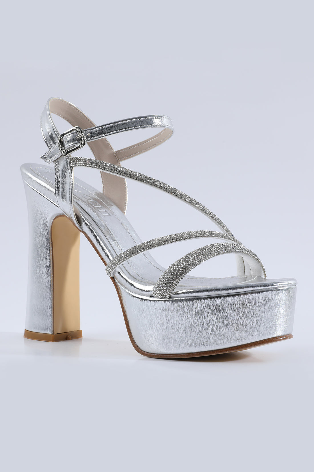 Verona Stone-Embellished Cross-Strap Silver Platform Heels