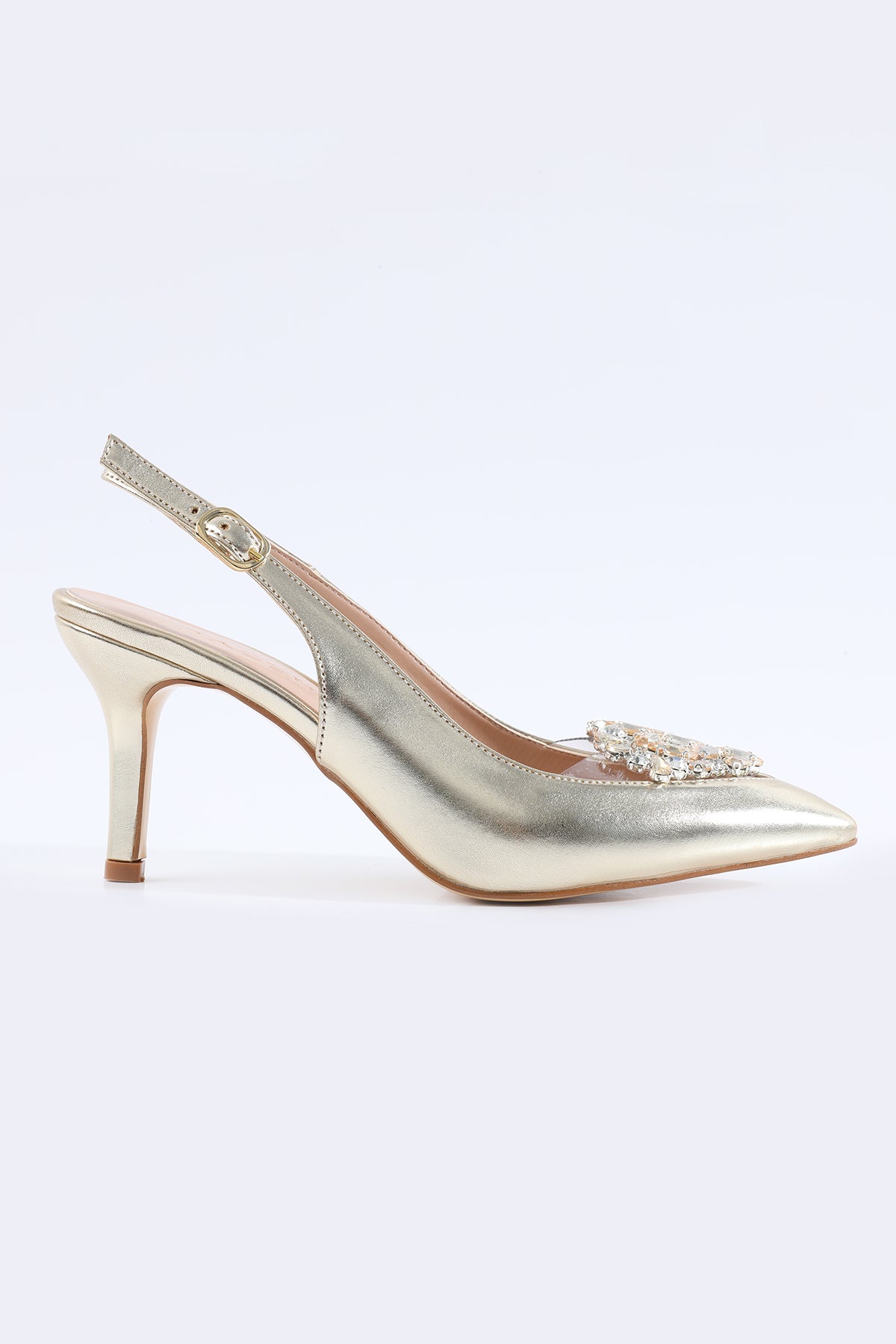 Crystal Front Stone Embellished Gold Heels