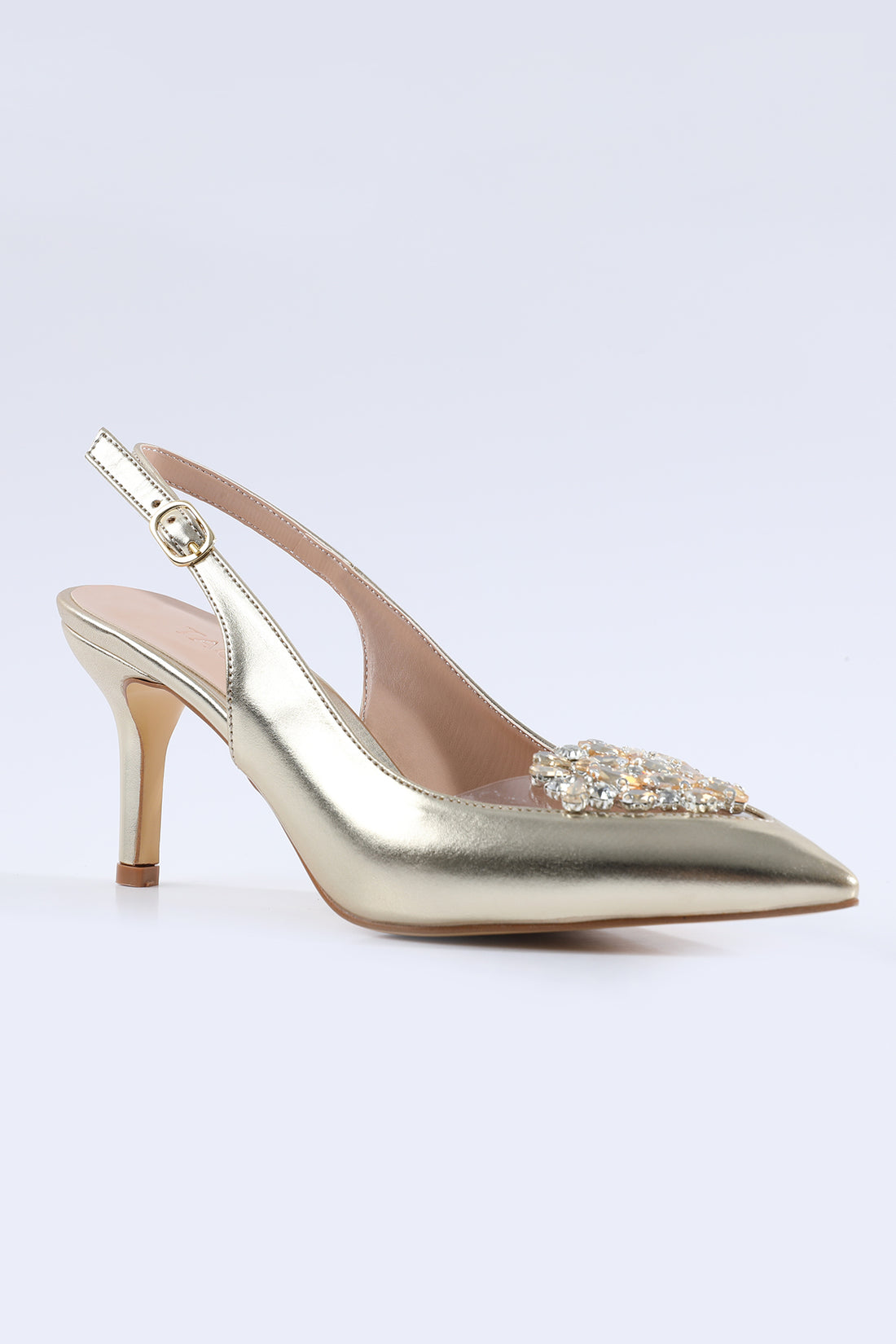 Crystal Front Stone Embellished Gold Heels