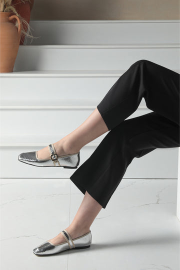  Elora Buckle Detail Croc Patterned Silver Flat Ballet Flats