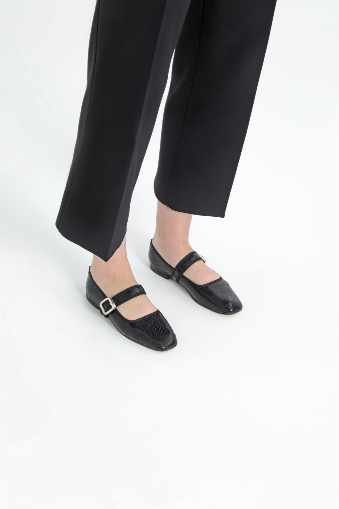 Elora Buckle Detail Croc Patterned Black Flat Ballet Flats