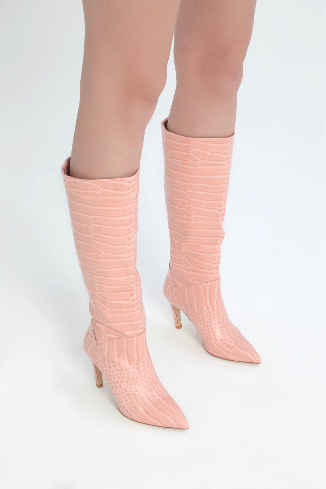 Savra Croc Embossed Midi Pink Heeled Boots