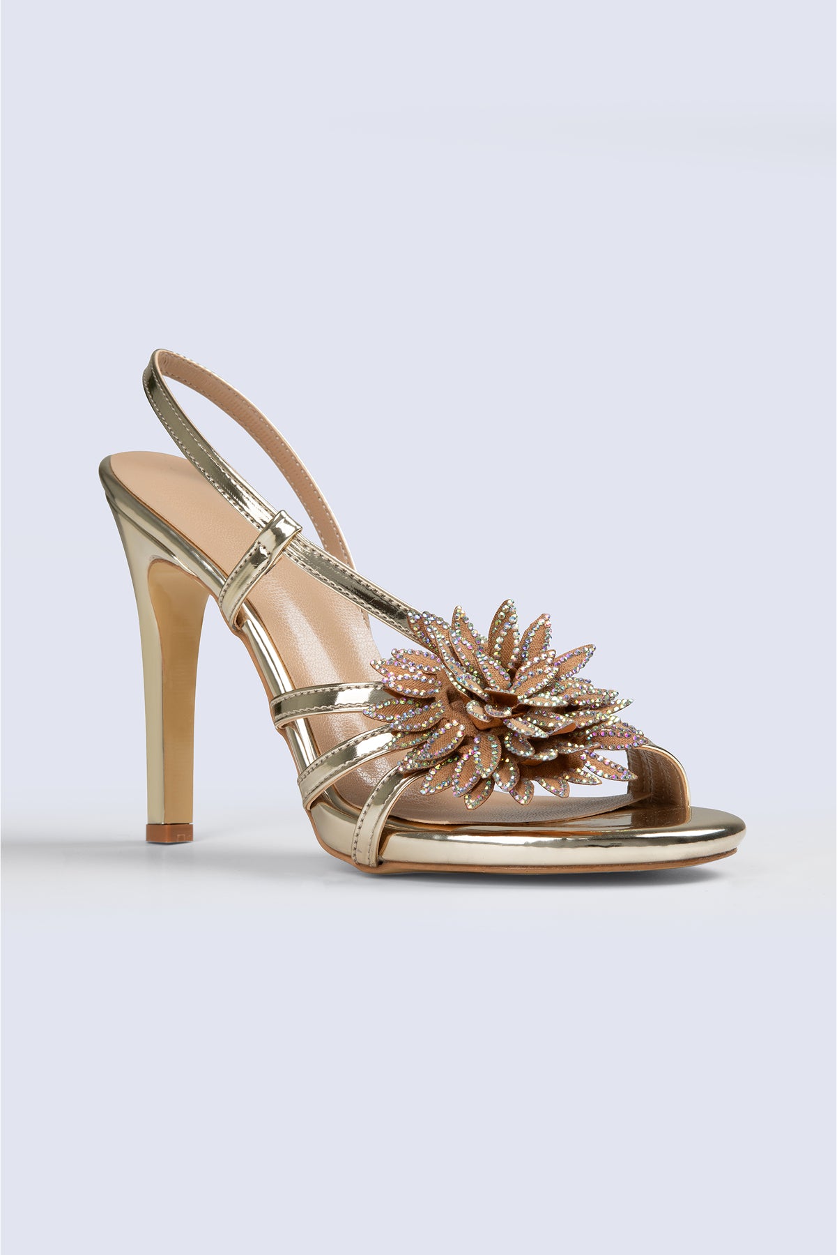 Feya Gold Dress Shoes with CrystalStudded Front Flower - Tacchi Feya Gold Dress Shoes with CrystalStudded Front Flower - Tacchi