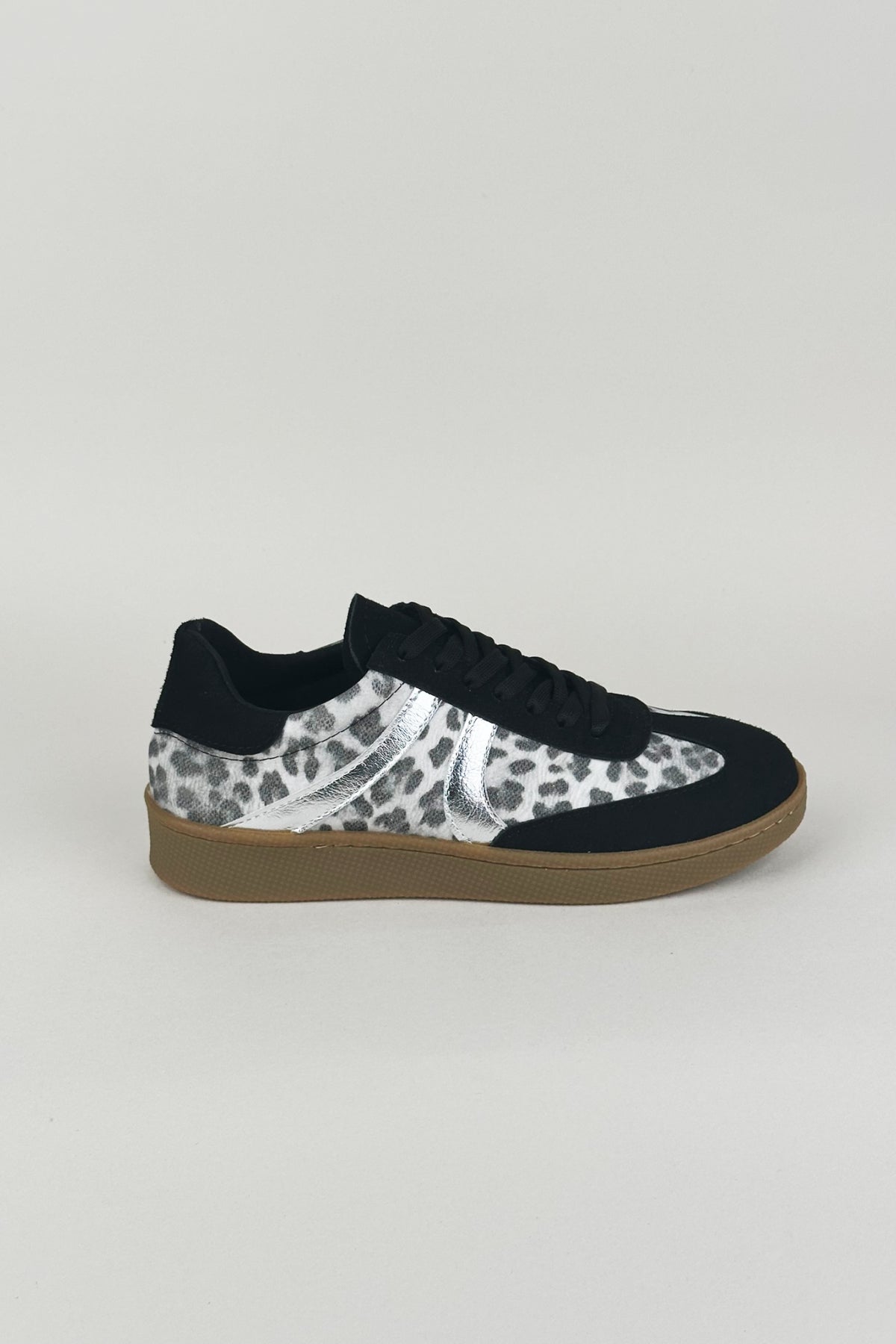 Leontina Leopar Desenli Metalik Şeritli Siyah Sneaker