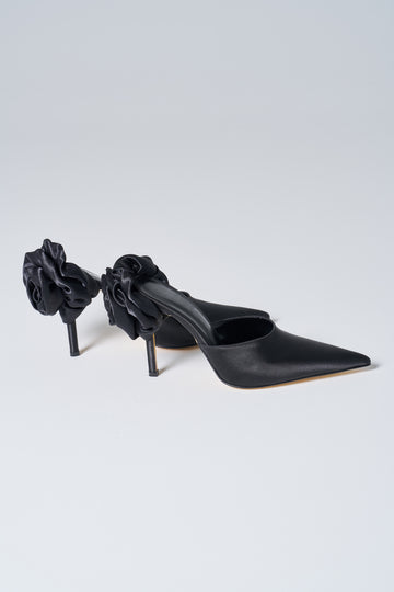 Lilia Satin Rose Detail Heeled Black Shoes