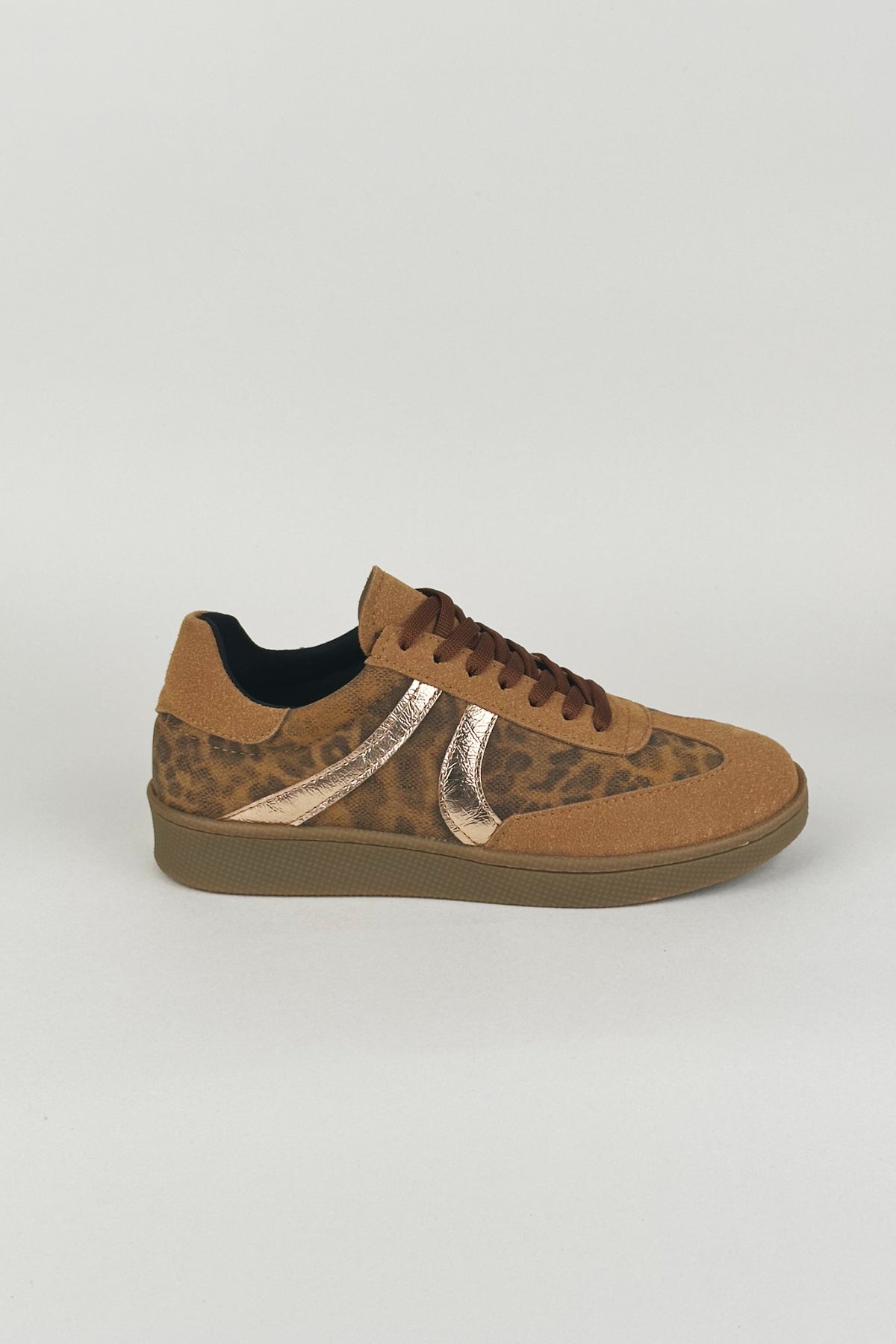 Leontina Leopar Desenli Metalik Şeritli Taba Sneaker