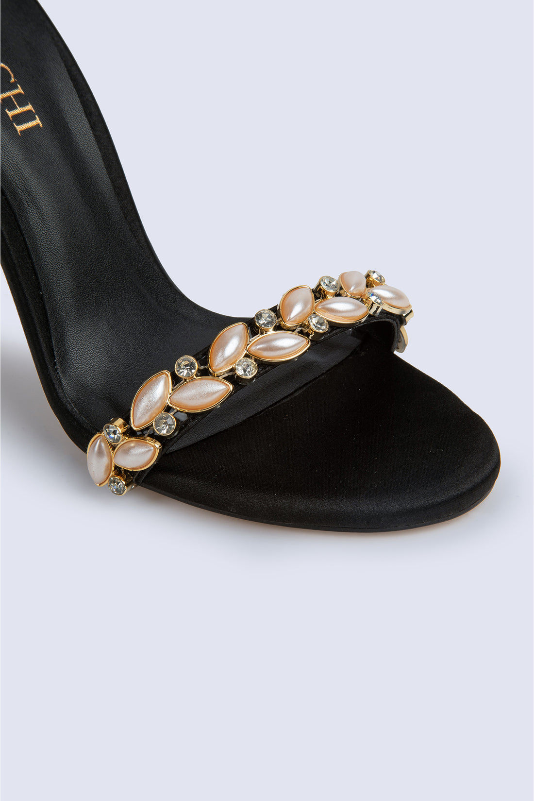 Daphne Stone Embellished Single Strap Black Heeled Shoes